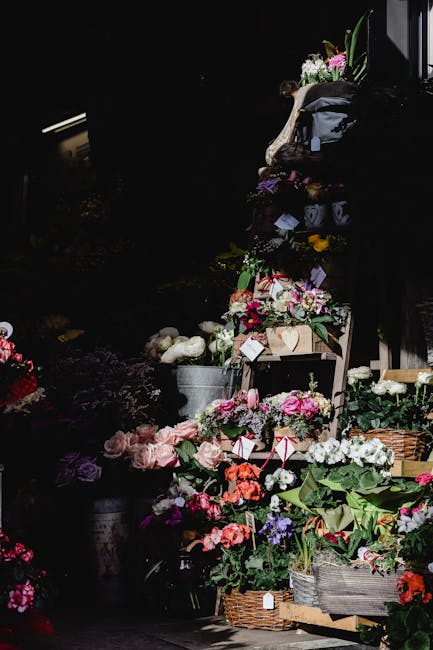A display of various fresh flowers arranged in baskets, pots, and wooden crates at the Alexandra Avenue Rayners Lane florist shop. The bouquet includes pink roses, white peonies, purple blooms, and or